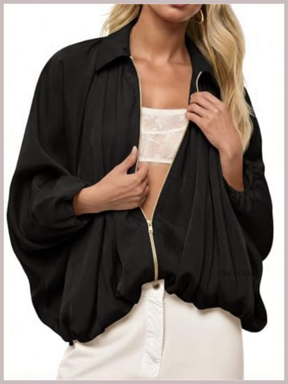 Womens Oversized Batwing Puffer Jacket Zip Up Lightweight Casual